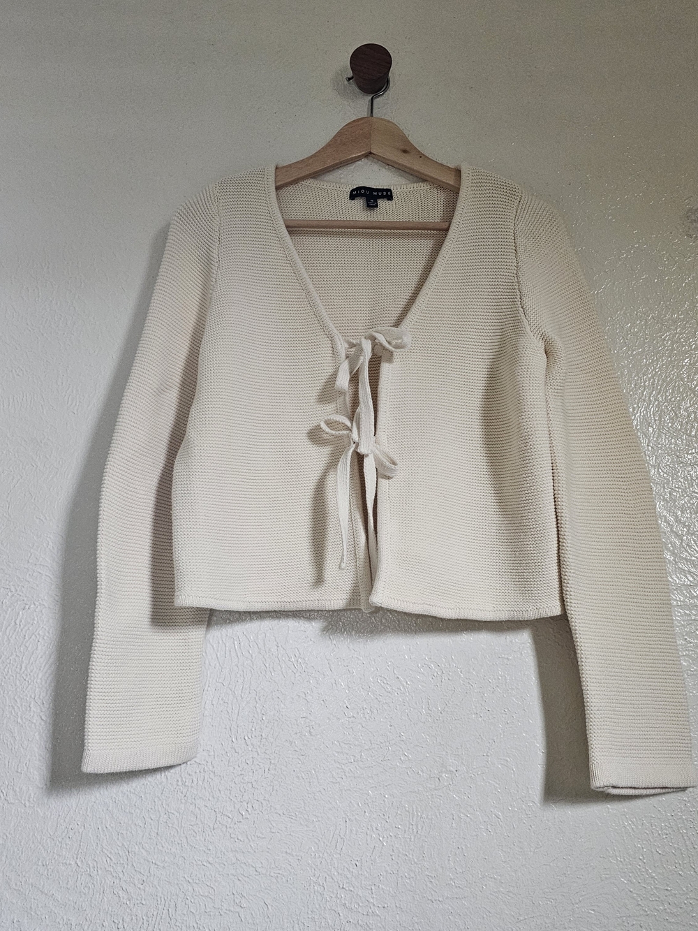 Miou Muse Cream Tie-Front Knit Sweater Cardigan